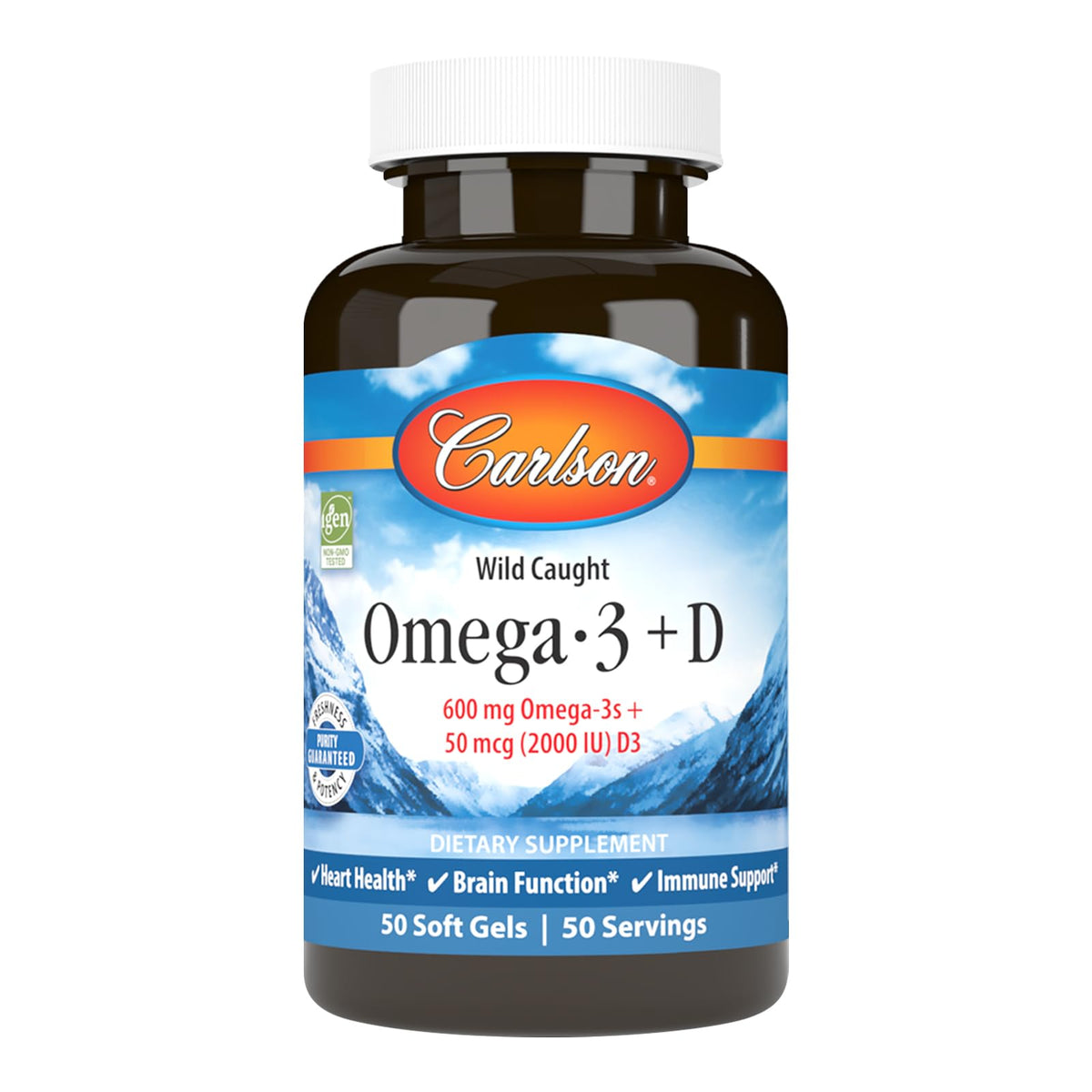 Carlson Omega-3 + D 600 mg EPA et DHA 50 gélules vue de face