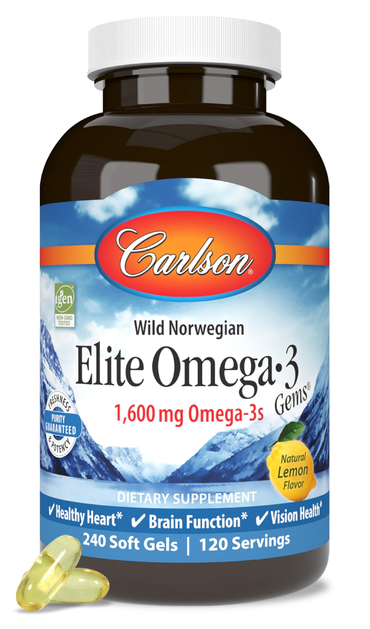 Carlson Omega-3 Gems 1600 mg gélules molles au citron, vue de face