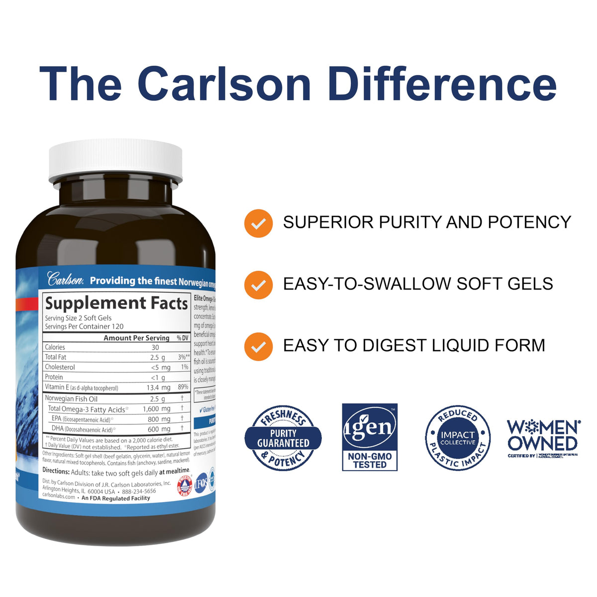 Carlson Omega-3 Gems 1600 mg gélules souples au citron, vue de côté
