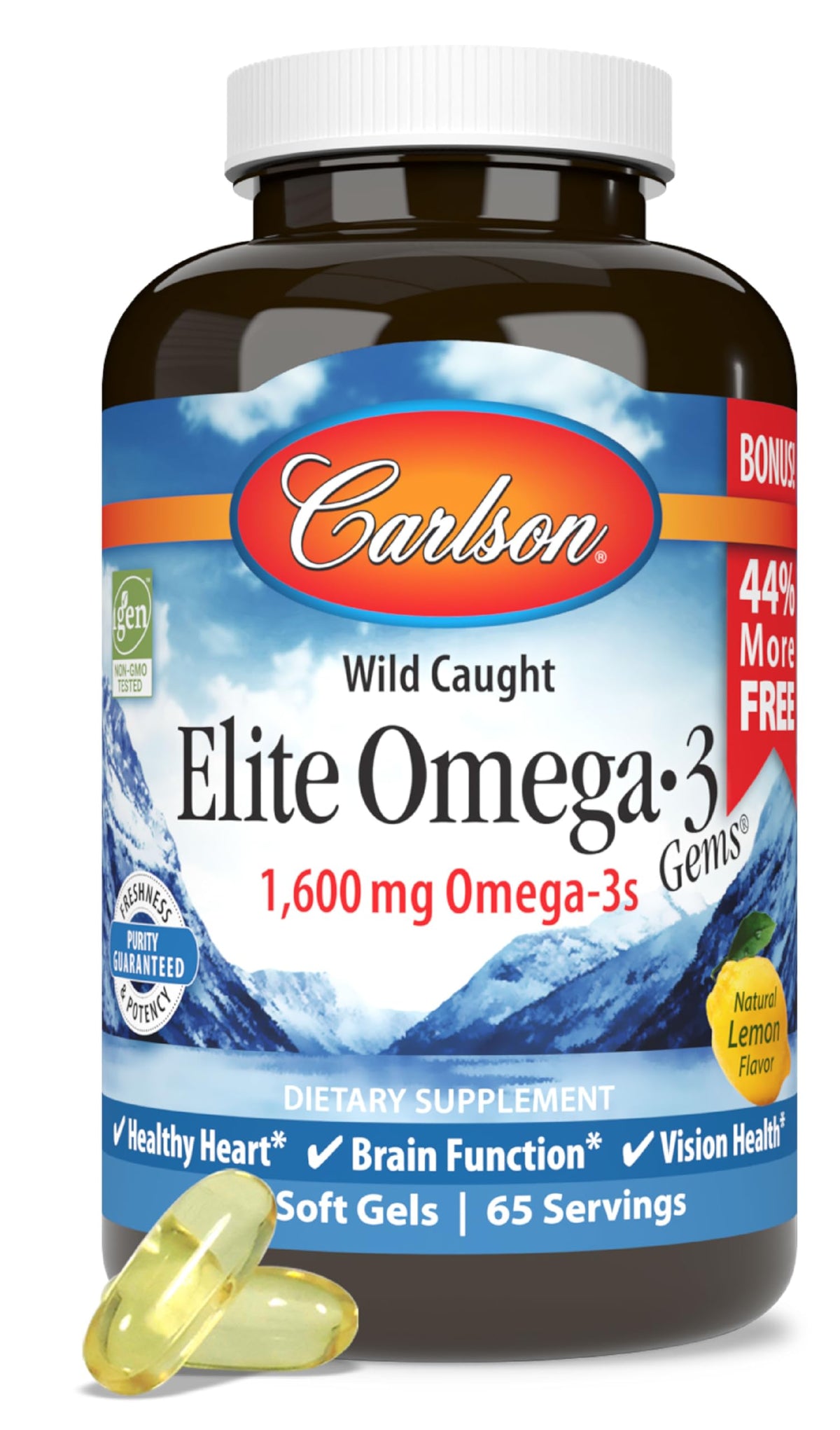 Carlson Omega-3 Gems 1600 mg gélules souples au citron - vue de face