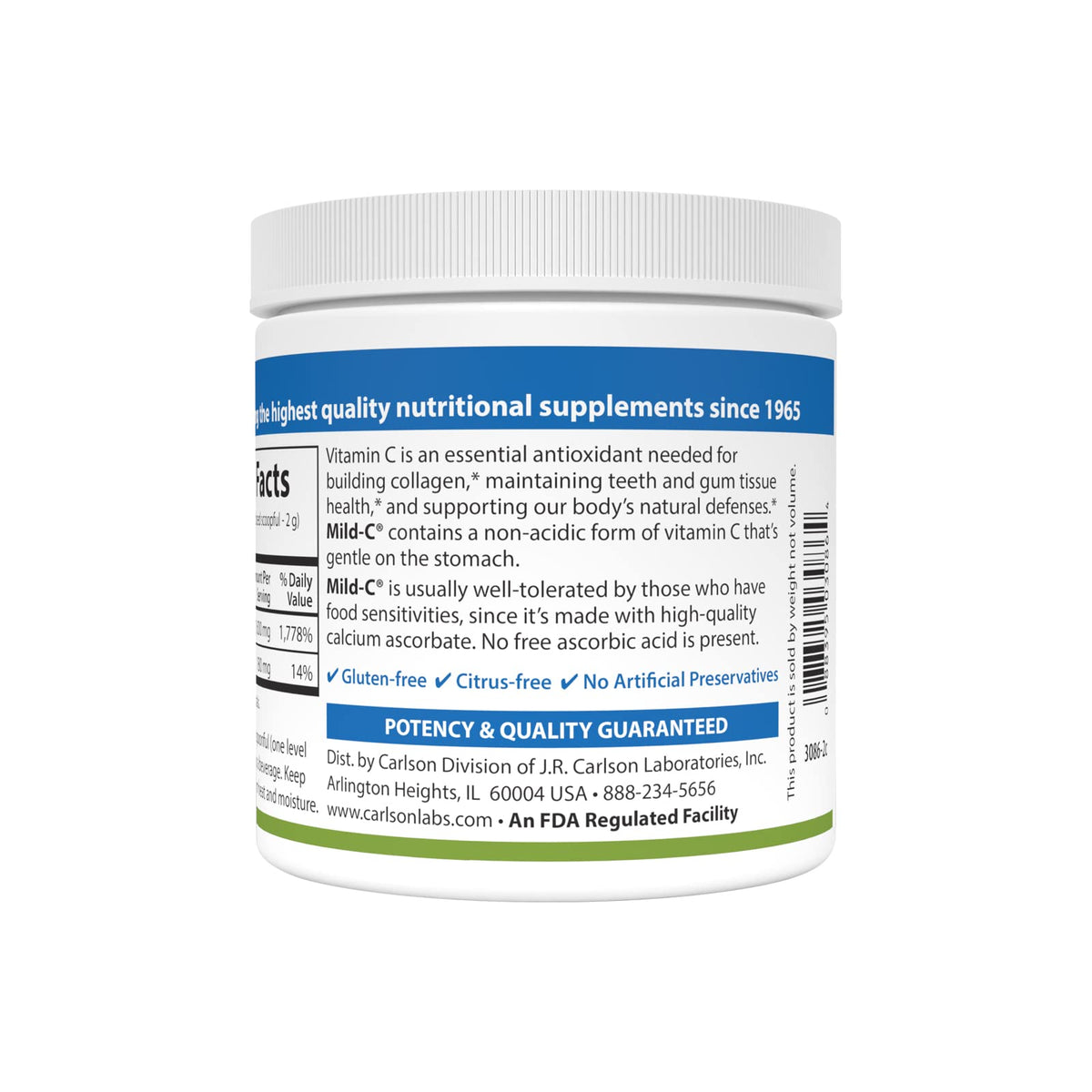 Carlson Poudre de Vitamine C 1 600 mg - Poudre au citron en gros plan