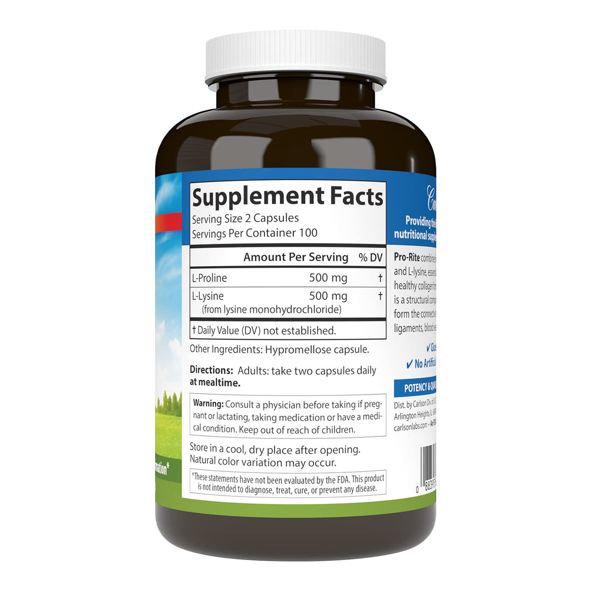 Carlson Pro-Rite L-Lysine 200 capsules, étiquette détaillée