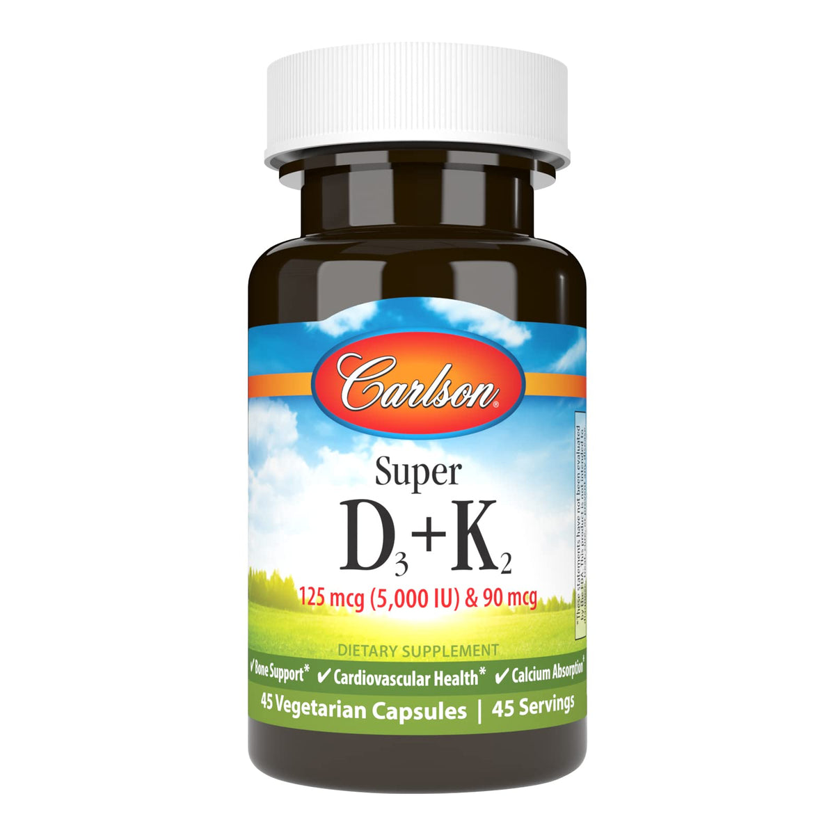 Carlson Super D3 + K2, 125 mcg, 45 capsules végétariennes, vue de l'emballage