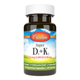 Carlson Super D3 + K2, 125 mcg, 45 capsules végétariennes, vue de l'emballage