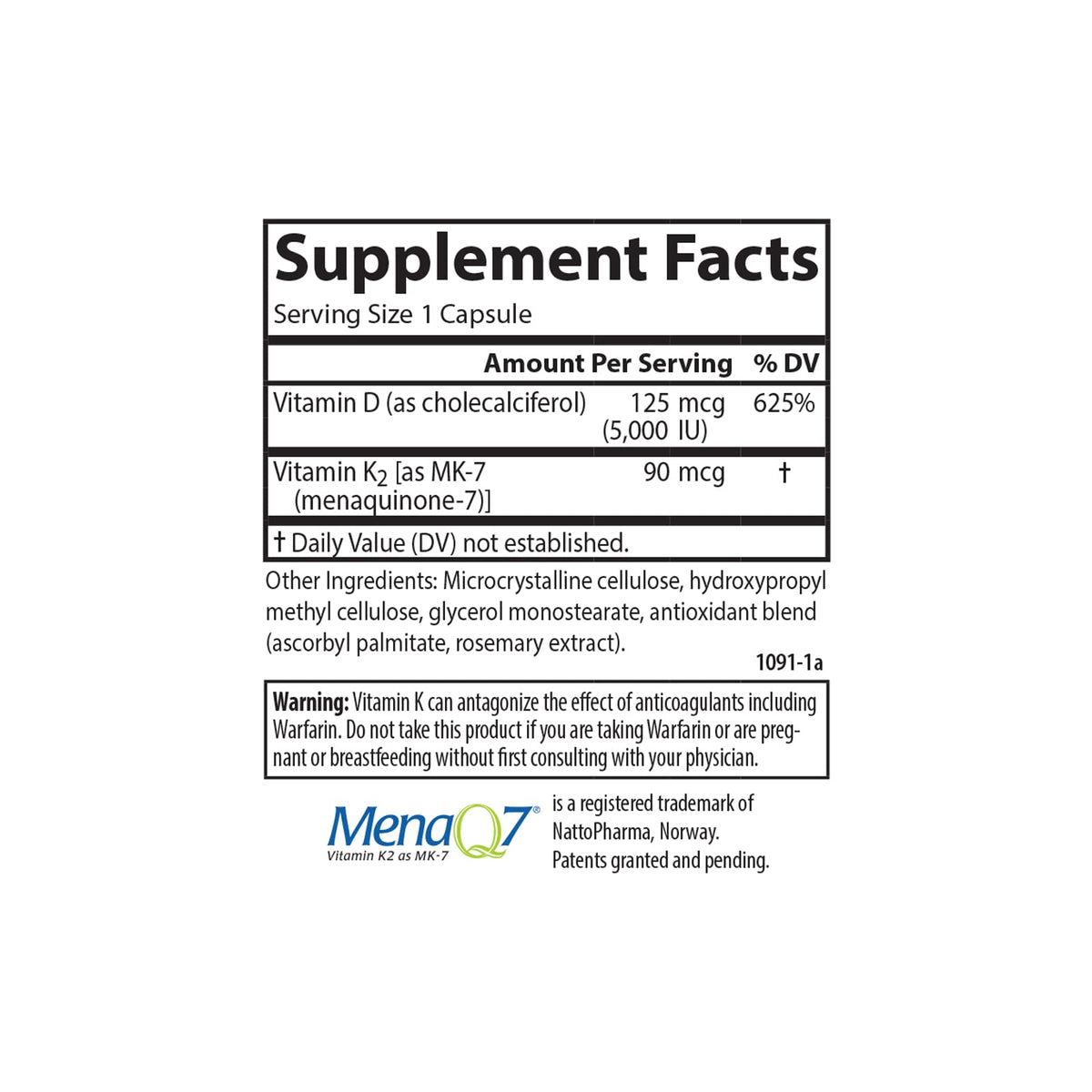 Carlson Super D3 + K2, dos de l'emballage avec informations nutritionnelles