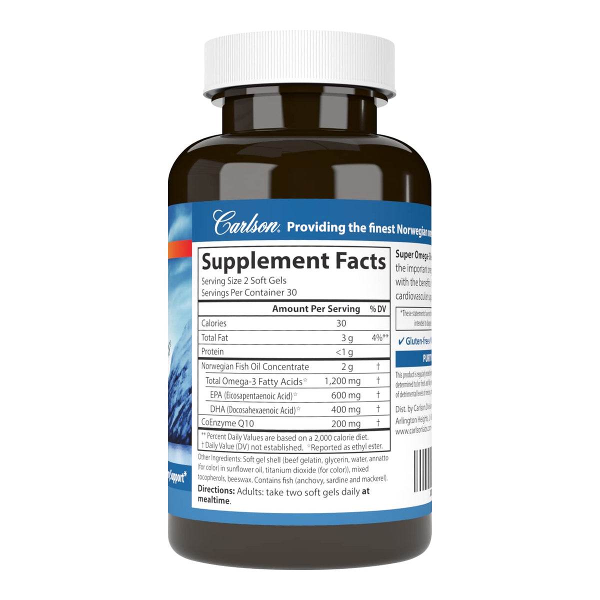 Carlson Super Omega-3 Gems 1200 mg et CoQ10 vue détaillée des gélules