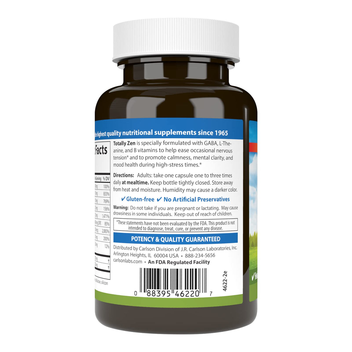 Carlson Totally Zen GABA L-Theanine 120 Capsules, étiquette et ingrédients