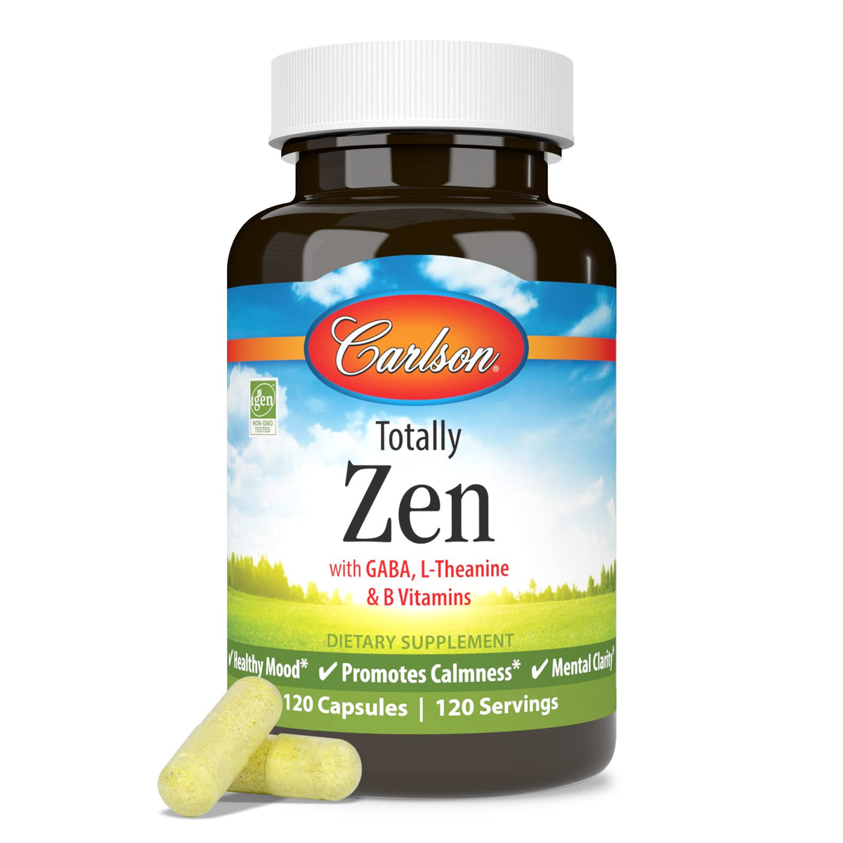 Carlson Totally Zen GABA L-Theanine 120 Capsules, gélules ouvertes