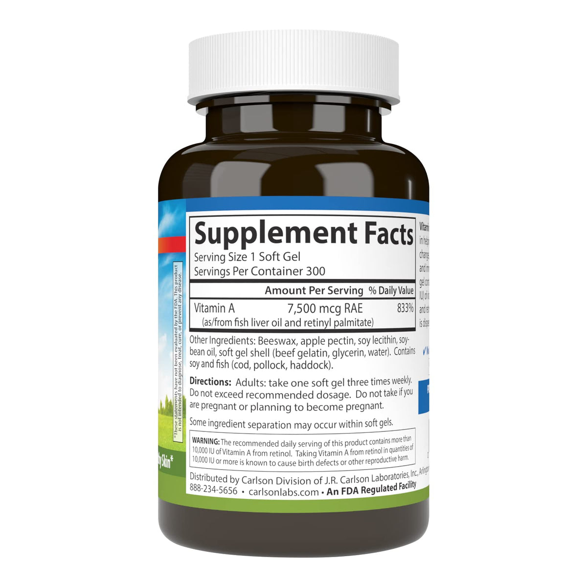 Carlson Vitamine A 25000 UI étiquette et informations nutritionnelles