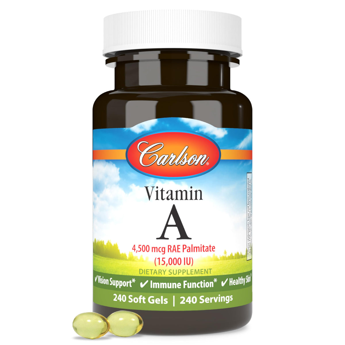 Carlson Vitamine A Palmitate 15 000 UI 240 gélules molles, vue de face