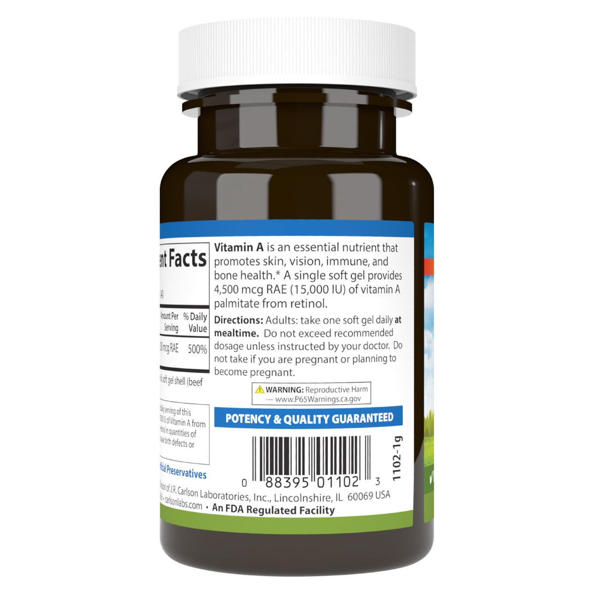 Carlson Vitamine A Palmitate, gélules molles sur fond blanc