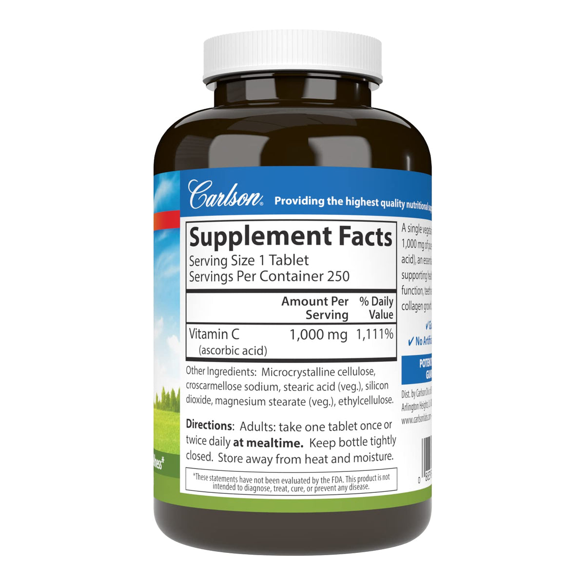 Carlson Vitamine C 1 000 mg comprimé sur fond blanc