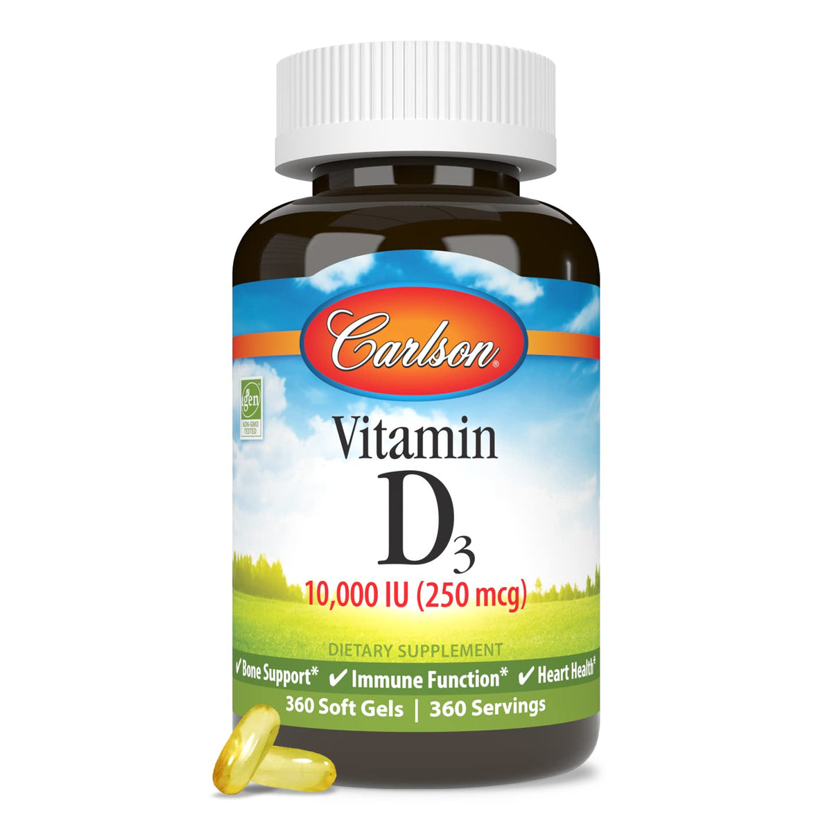Carlson Vitamine D3 10000 UI gélules molles sur une table