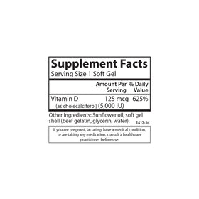 Carlson Vitamine D3 5 000 UI gélules molles, ingrédients sur l'étiquette