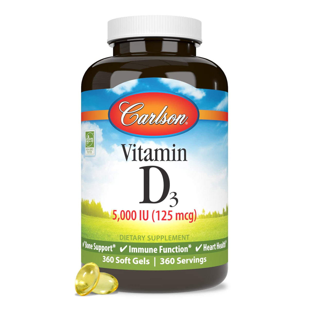 Carlson Vitamine D3 5 000 UI gélules molles, vue de l'arrière