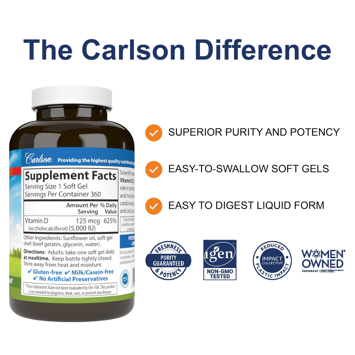 Carlson Vitamine D3 5000 IU 125 mcg gélules sur fond blanc
