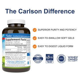 Carlson Vitamine D3 5000 IU 125 mcg gélules sur fond blanc