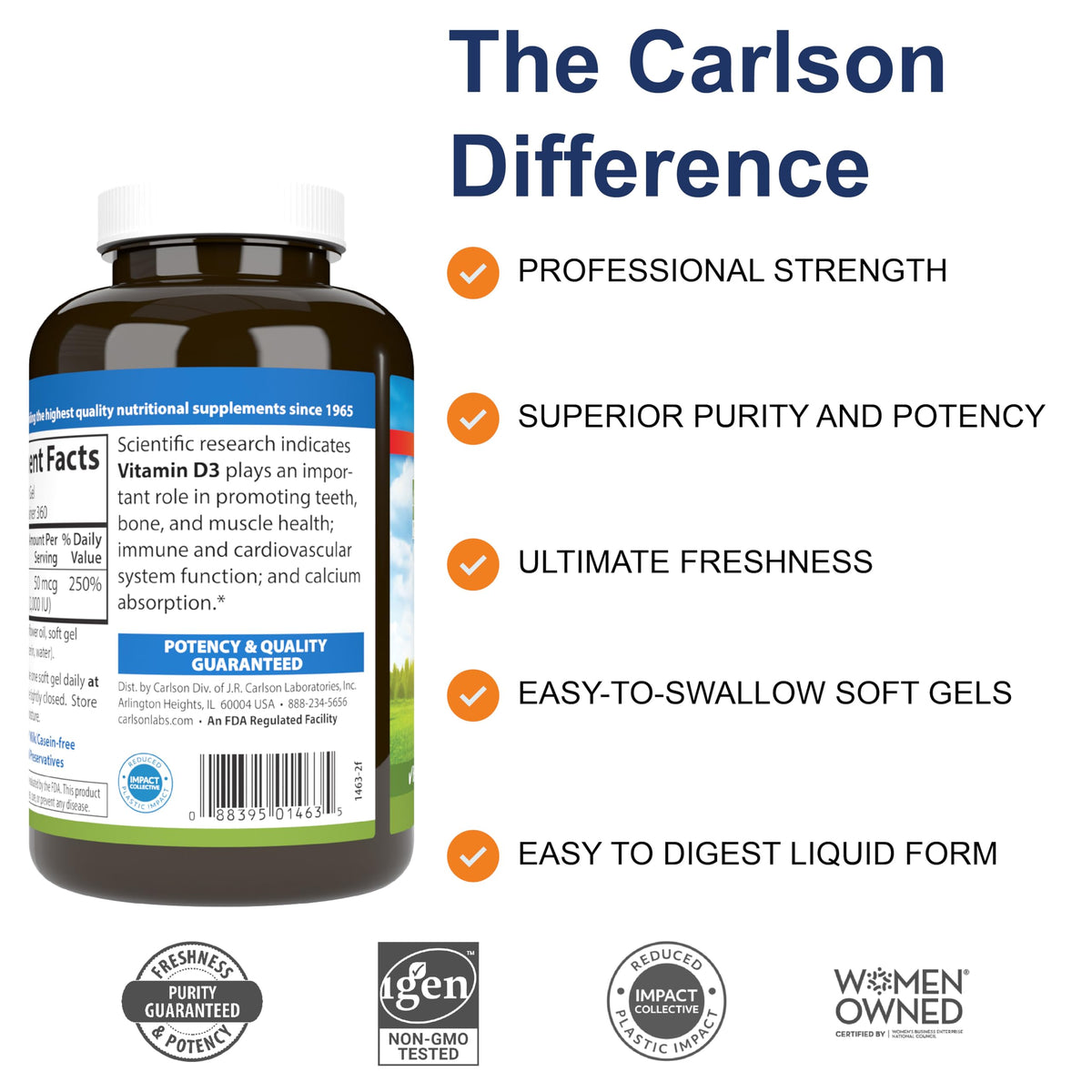 Carlson Vitamine D3 gélules molles avec étiquette claire