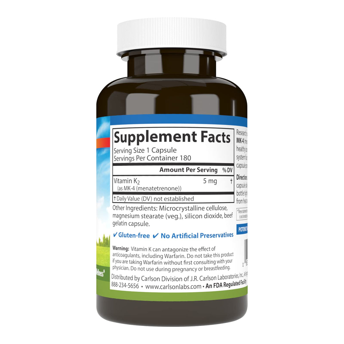 Carlson Vitamine K2 MK-4 180 Capsules - côté du flacon