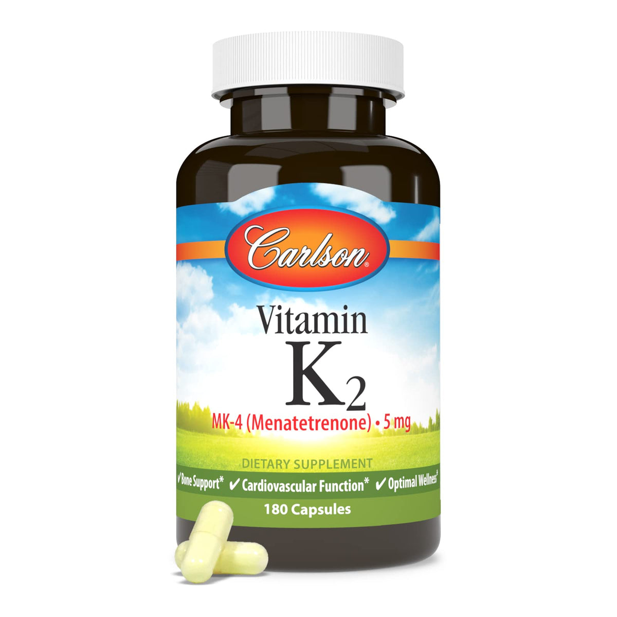 Carlson Vitamine K2 MK-4 180 Capsules - flacon avec étiquette claire
