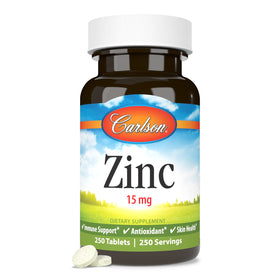 Carlson Zinc 15 mg flacon ouvert avec comprimés visibles