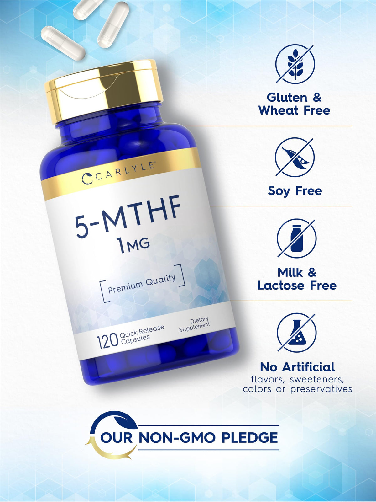 Carlyle 5-MTHF L Methylfolate 1mg capsules avec verre d'eau