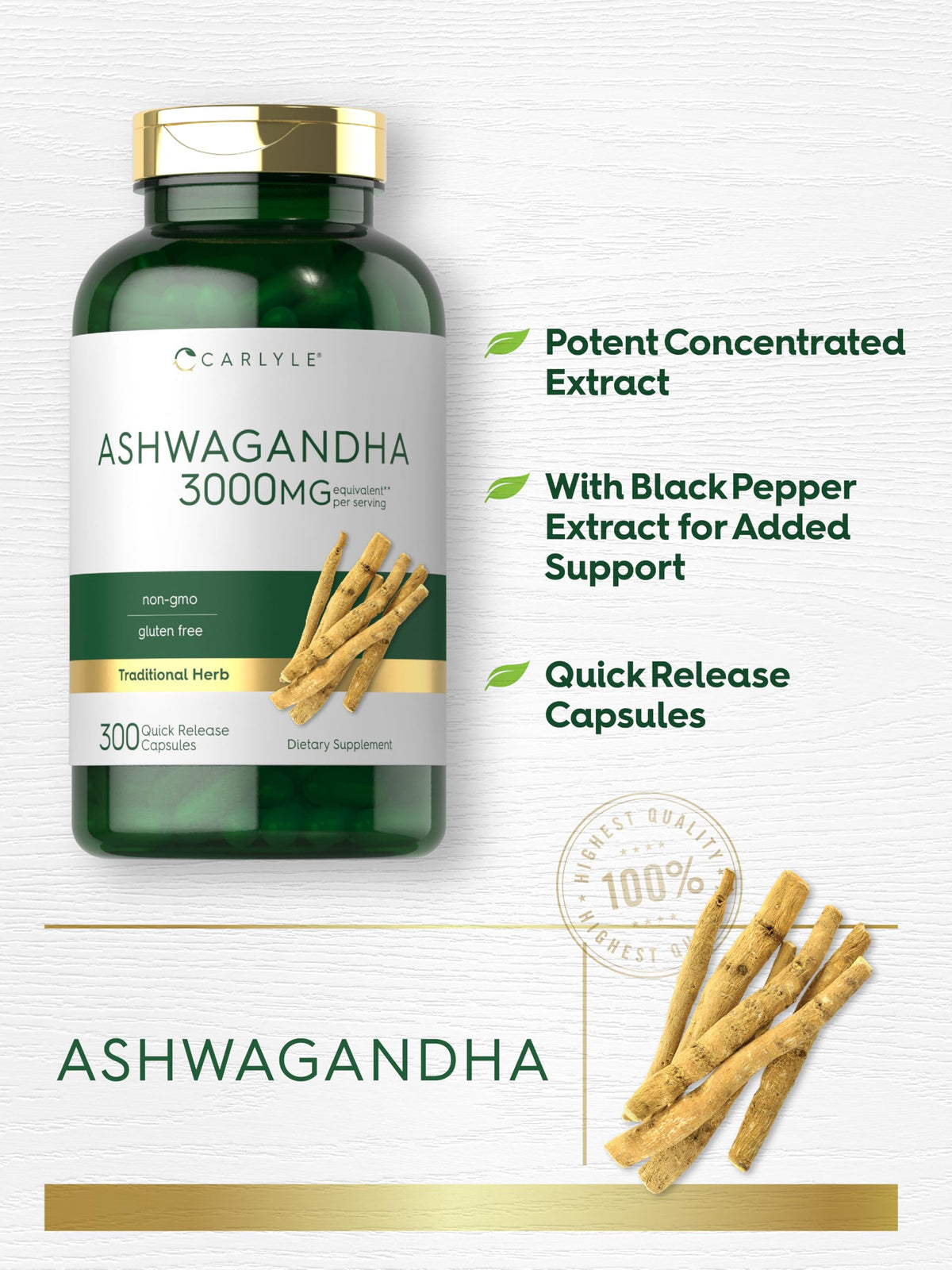 Carlyle Ashwagandha capsules avec un verre d'eau