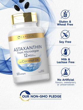 Carlyle Astaxanthin 12mg gélules molles, gélules sur un fond blanc