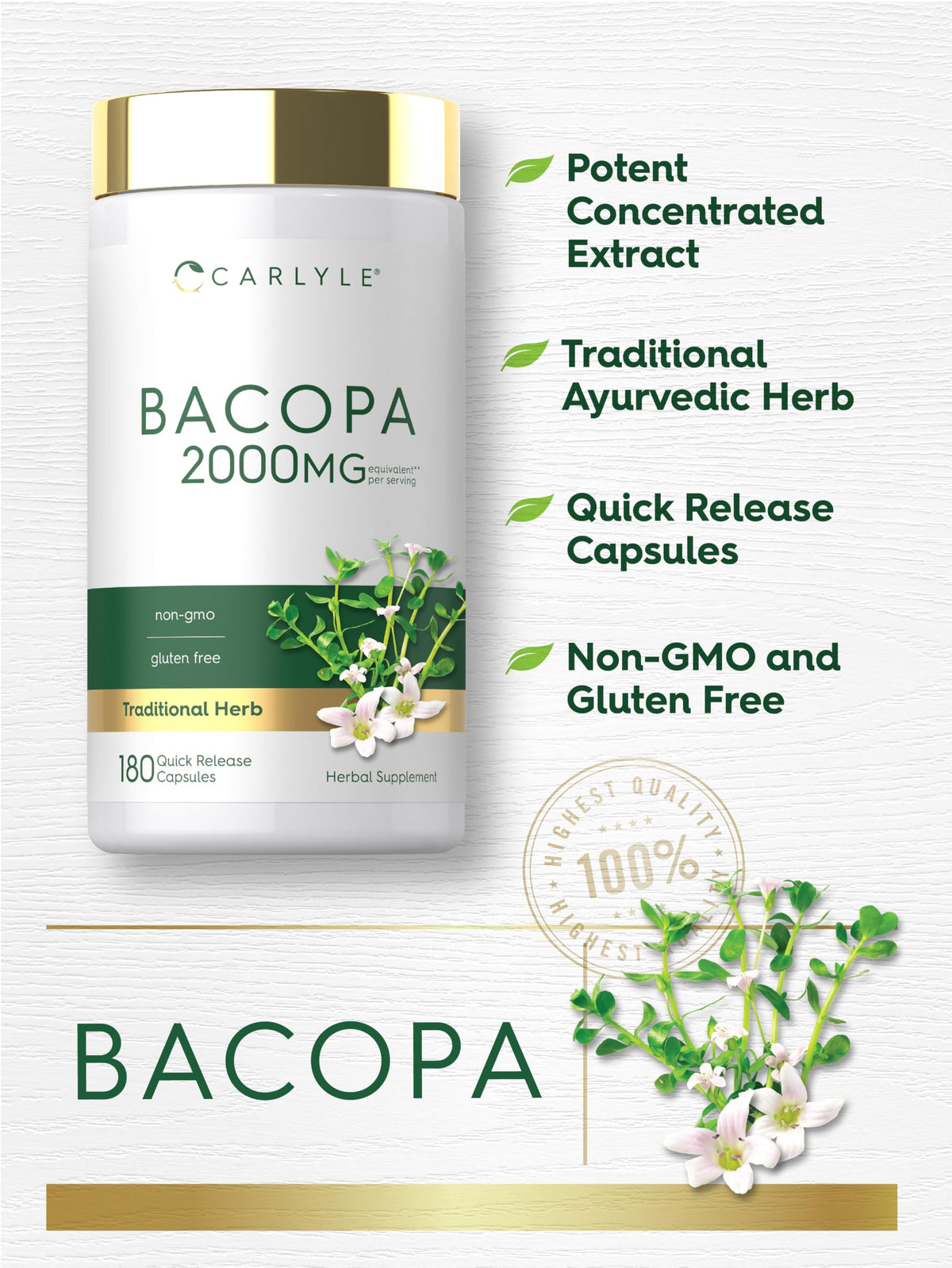 Carlyle Bacopa Monnieri gélules sur une table avec lumière naturelle