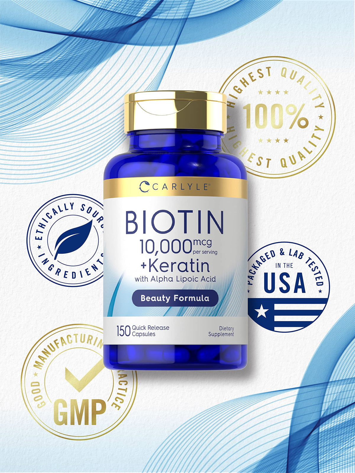 Carlyle Biotine 10000mcg 150 capsules ouvertes montrant les capsules