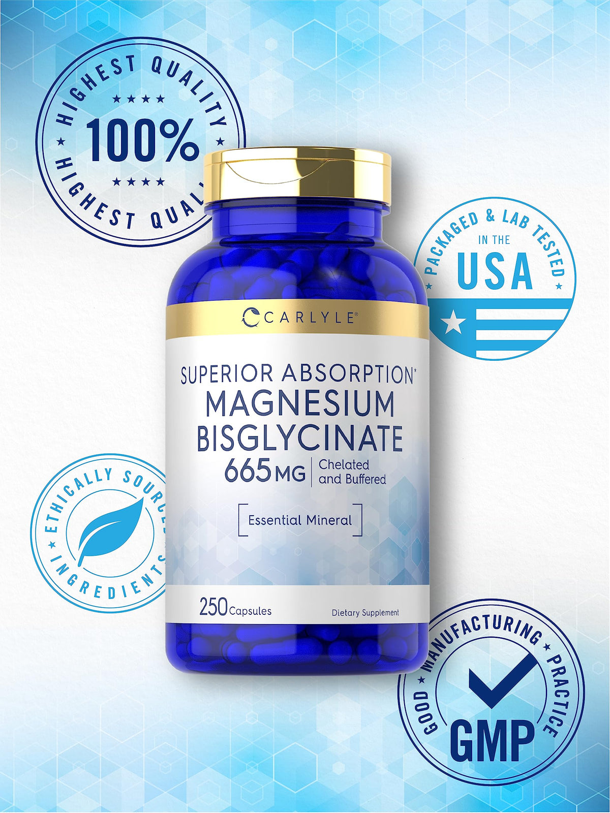 Carlyle Bisglycinate de Magnésium 665 mg capsules à côté d'un verre d'eau