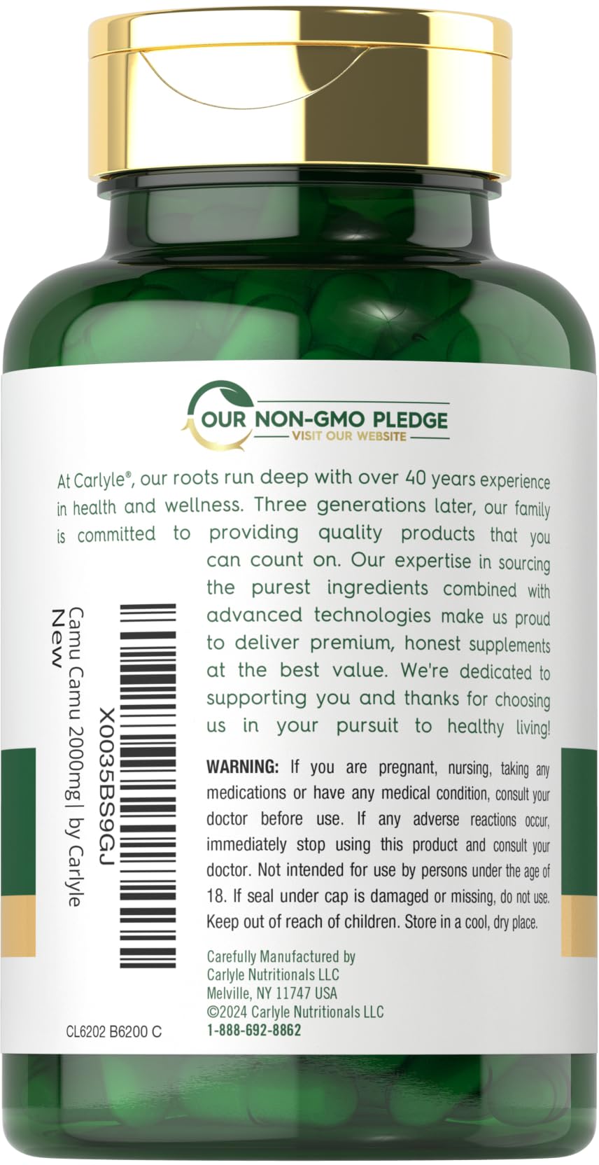 Carlyle Camu Camu capsules on a white background