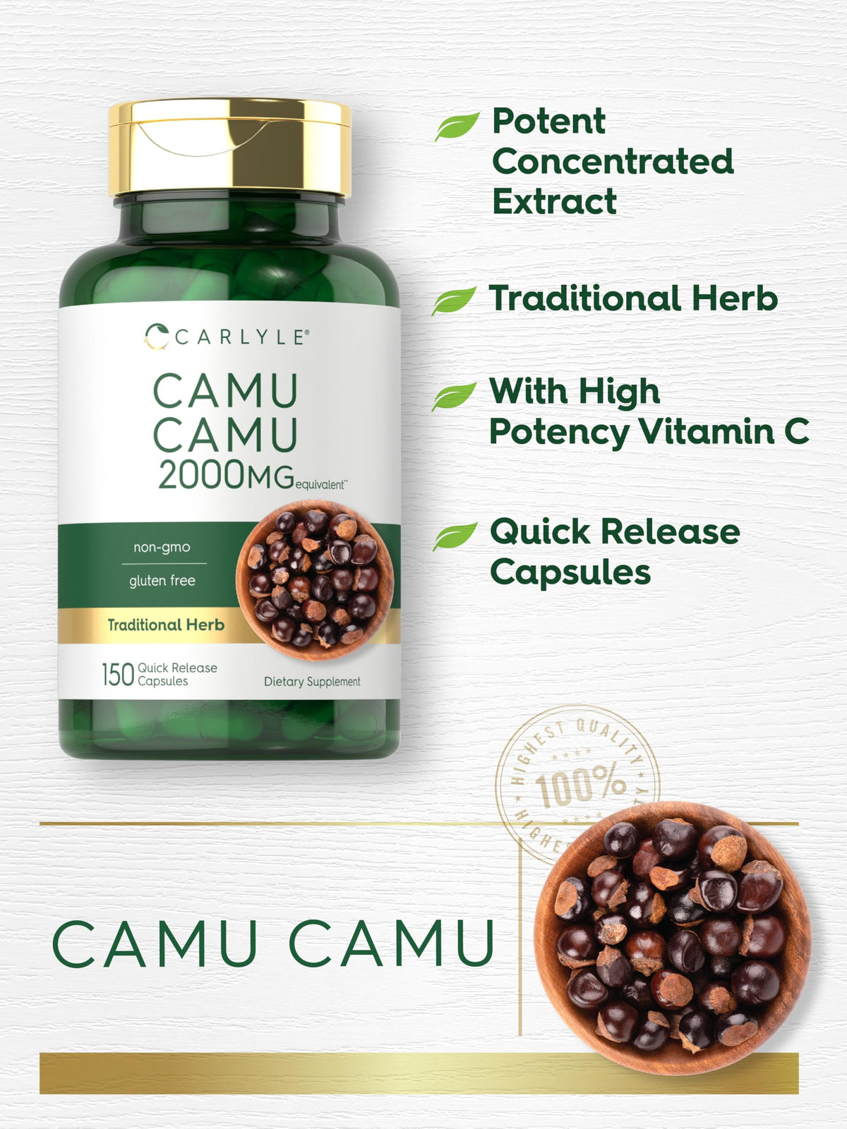 Carlyle Camu Camu capsules with a measuring spoon