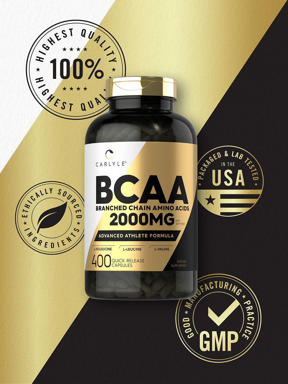 Carlyle Capsules BCAA 2000 mg 400 comprimés ouvertes sur une table