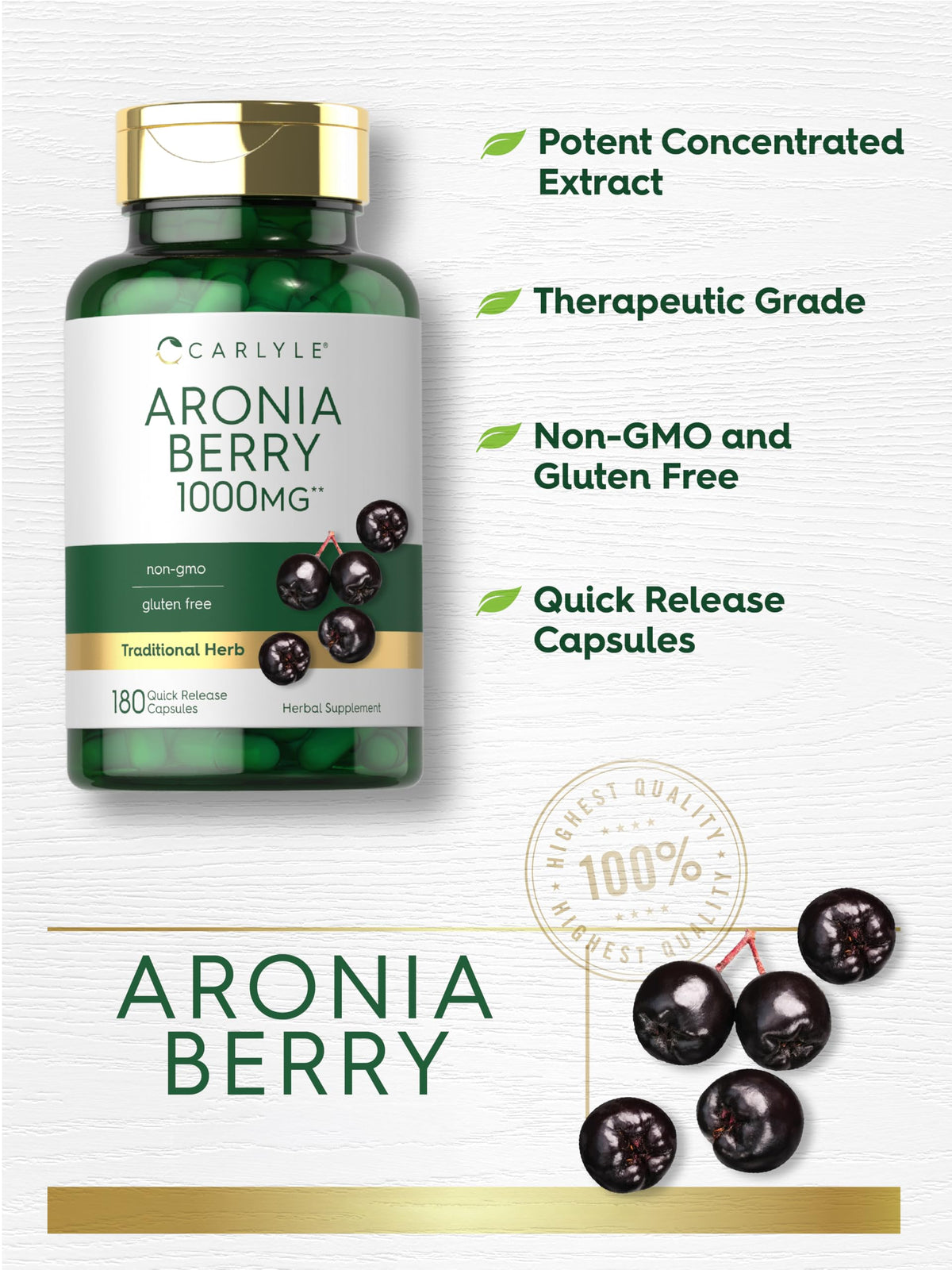Carlyle Capsules de Baies d'Aronia, capsules sur une surface en bois