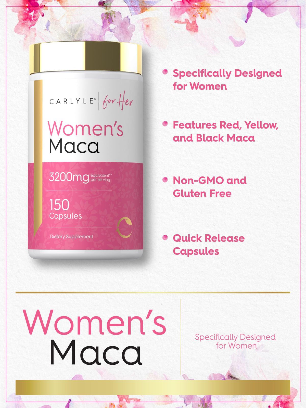 Carlyle Capsules de Maca avec dos de la bouteille