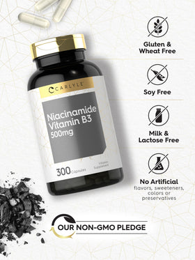 Carlyle capsules de niacinamide 500mg à côté d'un verre d'eau