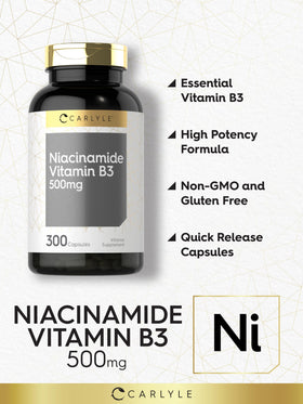 Carlyle capsules de niacinamide 500mg ouvertes montrant le contenu