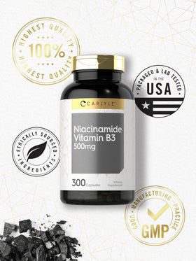 Carlyle capsules de niacinamide 500mg sur une table en bois