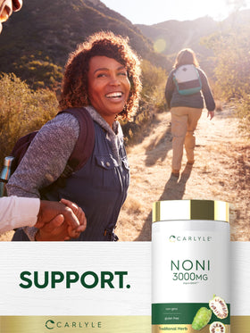 Carlyle Capsules de Noni avec arrière-plan de fruits tropicaux