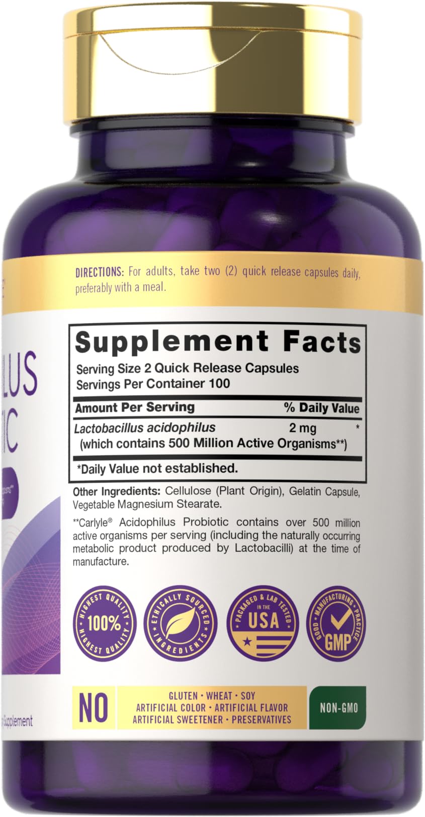Carlyle capsules probiotiques Acidophilus, vue arrière du flacon