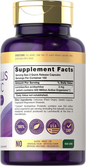 Carlyle capsules probiotiques Acidophilus, vue arrière du flacon