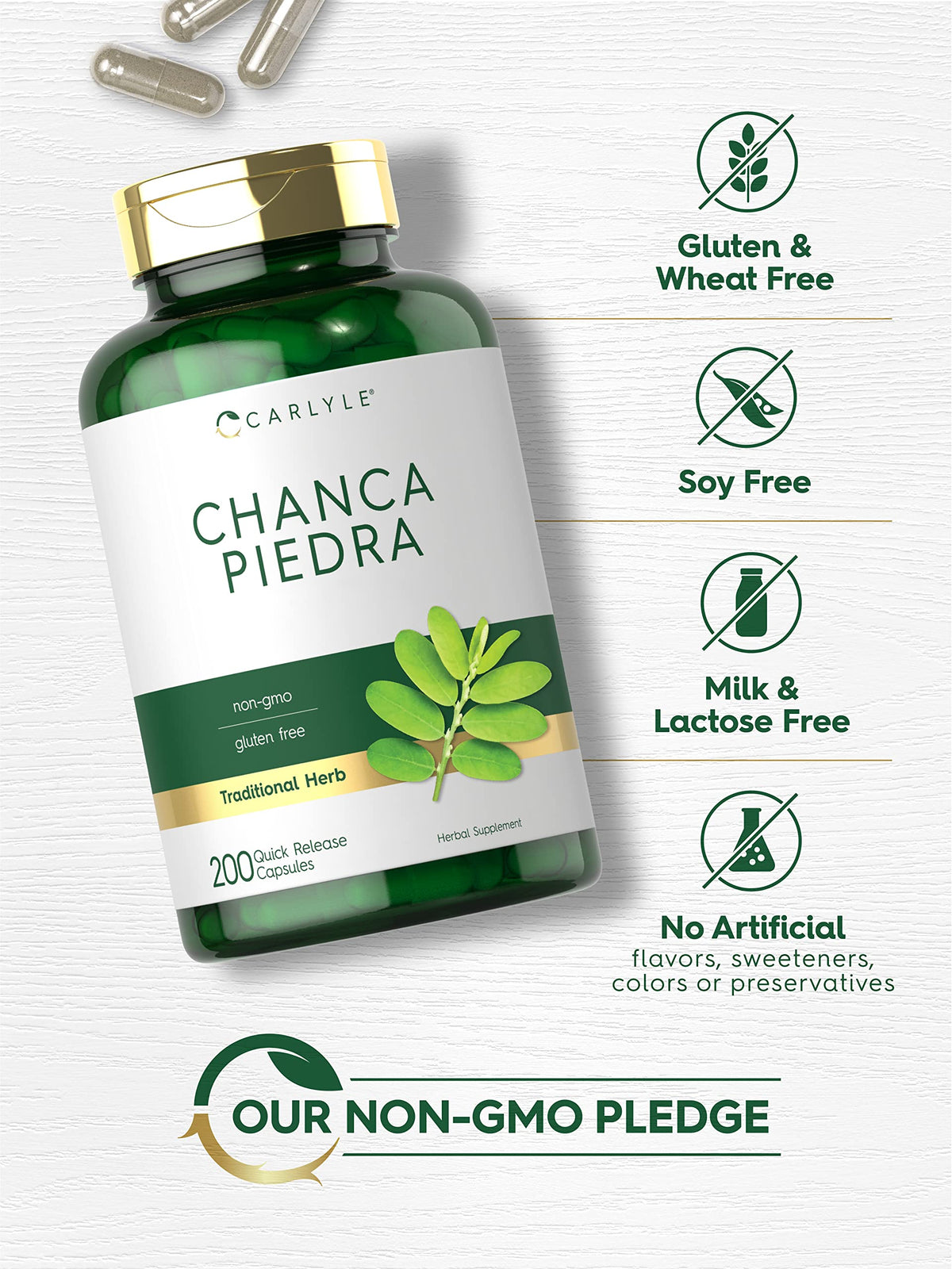 Carlyle Chanca Piedra capsules sur une table en bois