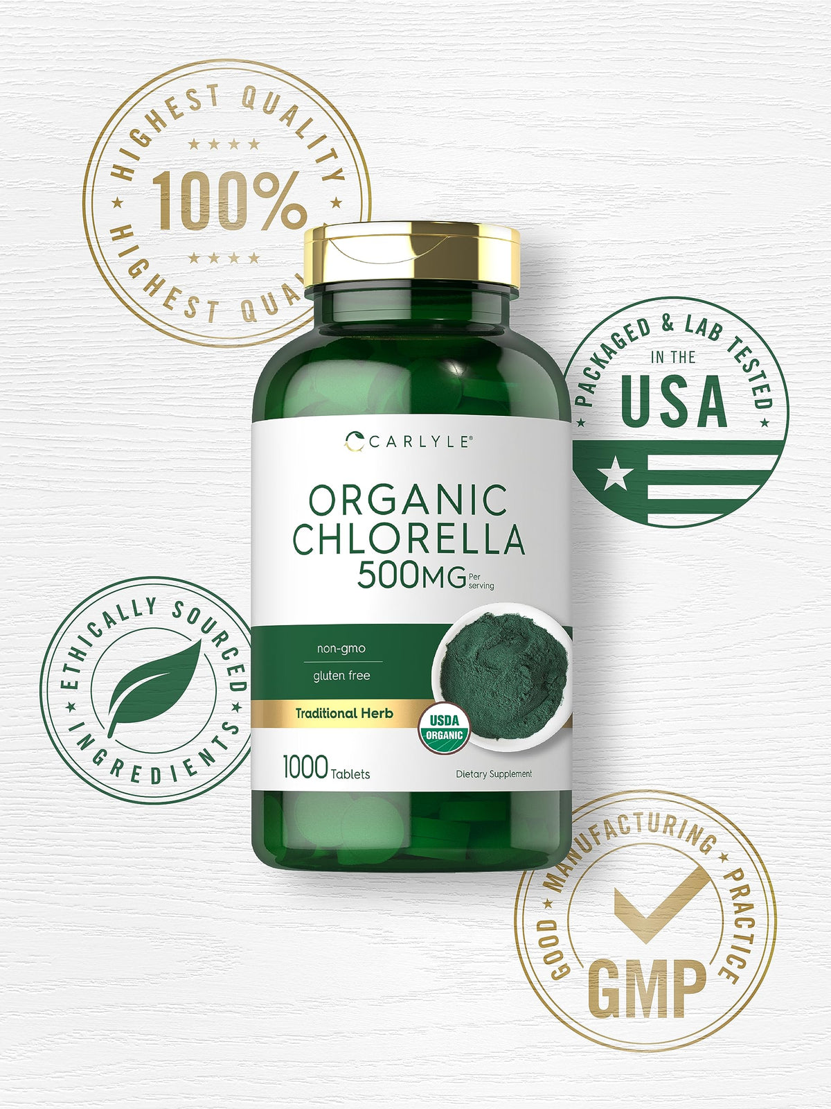 Carlyle Chlorella Bio 500 mg, présentation des comprimés dans une cuillère