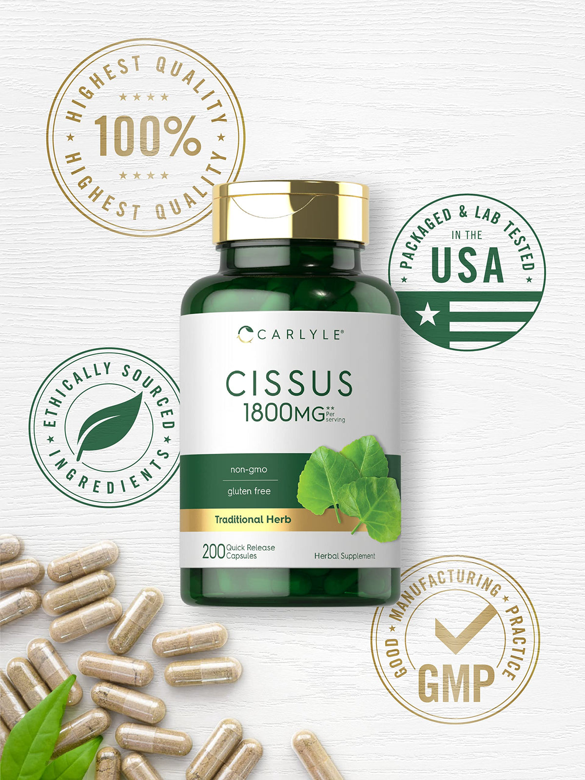 Carlyle Cissus Quadrangularis, capsules sur une surface blanche