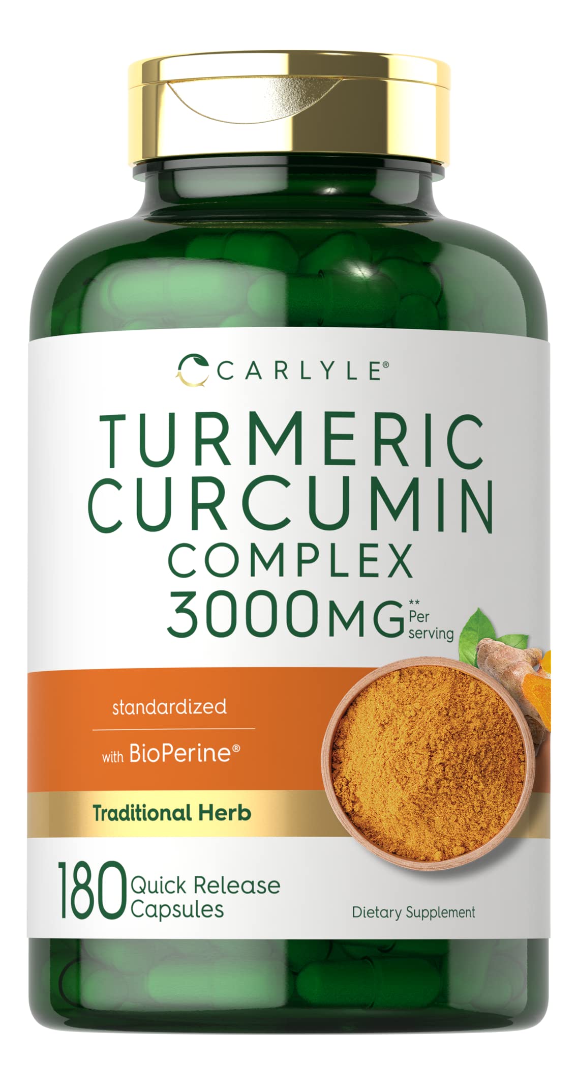 Carlyle Complément Alimentaire Curcuma 180 Capsules avec Poivre Noir - Vue de face