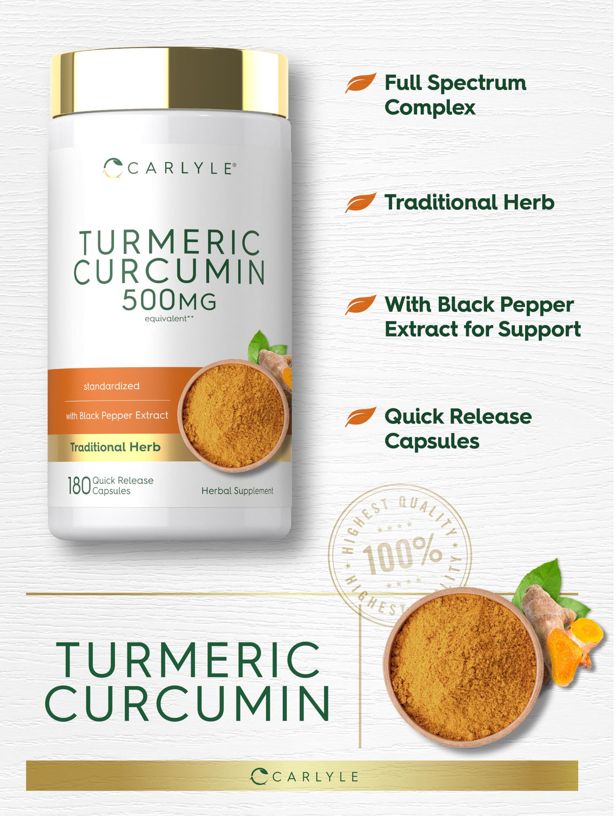 Carlyle Complément Alimentaire Curcuma Curcumine 180 Capsules avec ingrédients