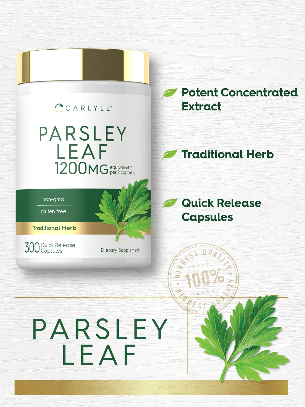 Carlyle Complément Alimentaire Feuille de Persil 300 Capsules sur fond blanc