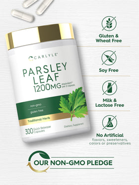 Carlyle Complément Alimentaire Feuille de Persil 300 Capsules sur une table en bois