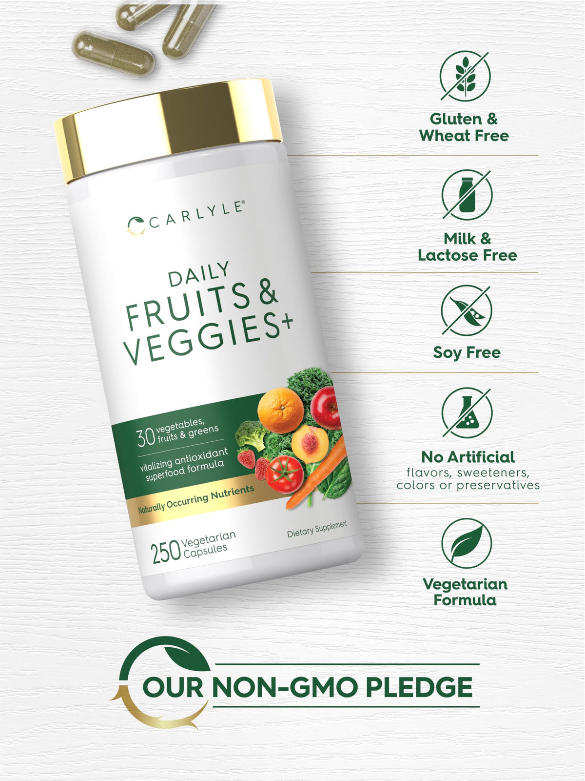Carlyle Complément Alimentaire Fruits et Légumes - flacon ouvert avec capsules